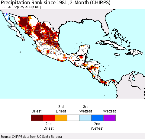 Mexico Central America and the Caribbean Precipitation Rank since 1981, 2-Month (CHIRPS) Thematic Map For 7/26/2023 - 9/25/2023