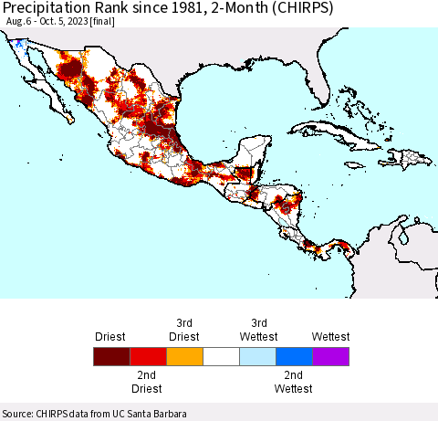 Mexico Central America and the Caribbean Precipitation Rank since 1981, 2-Month (CHIRPS) Thematic Map For 8/6/2023 - 10/5/2023