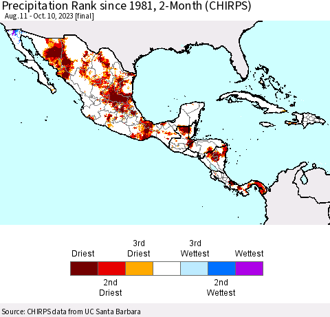 Mexico Central America and the Caribbean Precipitation Rank since 1981, 2-Month (CHIRPS) Thematic Map For 8/11/2023 - 10/10/2023