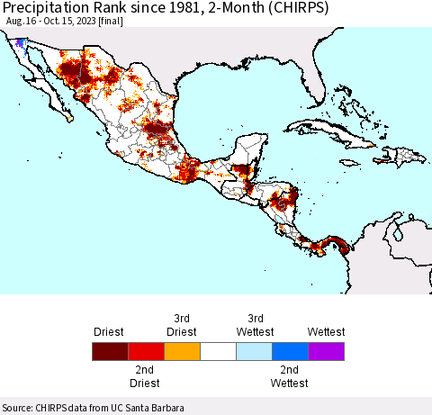 Mexico Central America and the Caribbean Precipitation Rank since 1981, 2-Month (CHIRPS) Thematic Map For 8/16/2023 - 10/15/2023