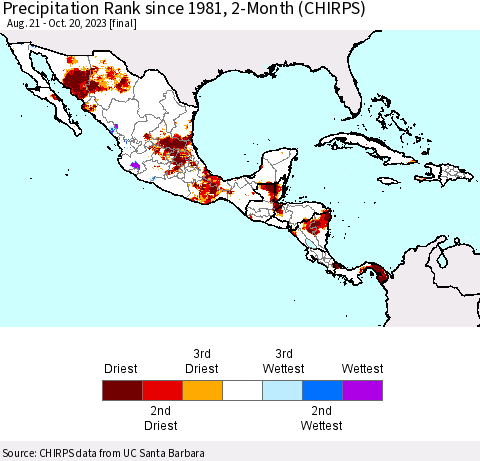 Mexico Central America and the Caribbean Precipitation Rank since 1981, 2-Month (CHIRPS) Thematic Map For 8/21/2023 - 10/20/2023