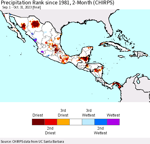 Mexico Central America and the Caribbean Precipitation Rank since 1981, 2-Month (CHIRPS) Thematic Map For 9/1/2023 - 10/31/2023
