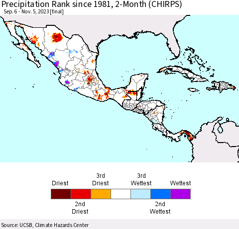 Mexico Central America and the Caribbean Precipitation Rank since 1981, 2-Month (CHIRPS) Thematic Map For 9/6/2023 - 11/5/2023
