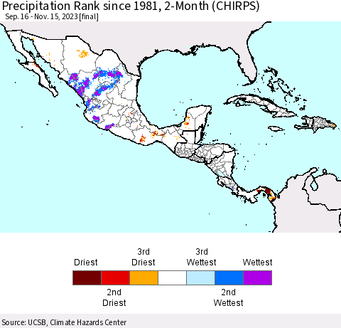 Mexico Central America and the Caribbean Precipitation Rank since 1981, 2-Month (CHIRPS) Thematic Map For 9/16/2023 - 11/15/2023