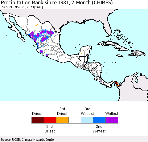 Mexico Central America and the Caribbean Precipitation Rank since 1981, 2-Month (CHIRPS) Thematic Map For 9/21/2023 - 11/20/2023