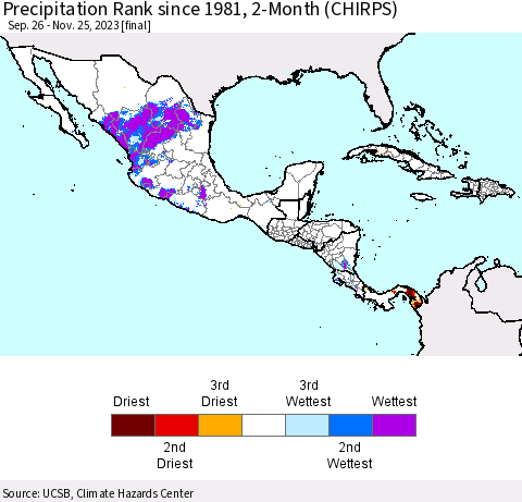 Mexico Central America and the Caribbean Precipitation Rank since 1981, 2-Month (CHIRPS) Thematic Map For 9/26/2023 - 11/25/2023