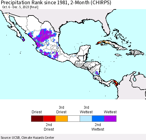 Mexico Central America and the Caribbean Precipitation Rank since 1981, 2-Month (CHIRPS) Thematic Map For 10/6/2023 - 12/5/2023