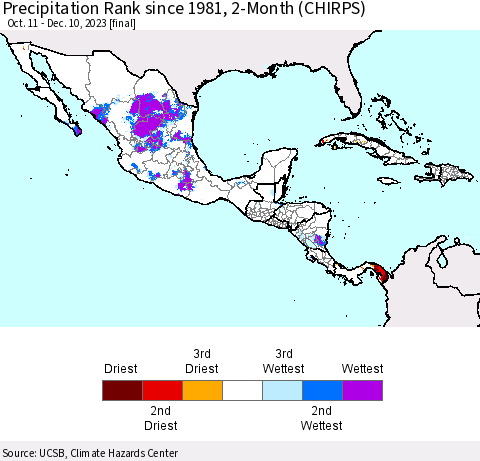 Mexico Central America and the Caribbean Precipitation Rank since 1981, 2-Month (CHIRPS) Thematic Map For 10/11/2023 - 12/10/2023
