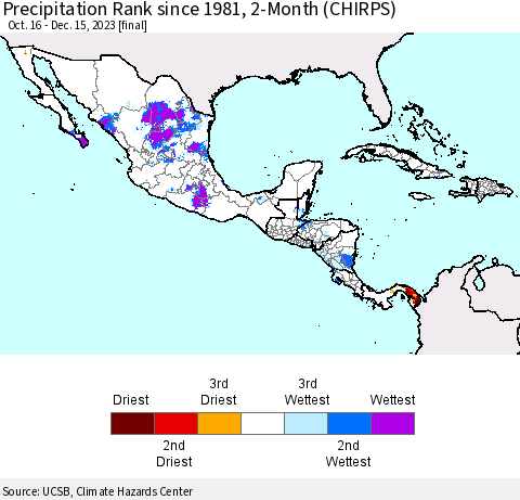 Mexico Central America and the Caribbean Precipitation Rank since 1981, 2-Month (CHIRPS) Thematic Map For 10/16/2023 - 12/15/2023