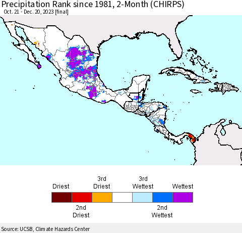 Mexico Central America and the Caribbean Precipitation Rank since 1981, 2-Month (CHIRPS) Thematic Map For 10/21/2023 - 12/20/2023