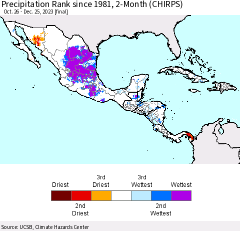Mexico Central America and the Caribbean Precipitation Rank since 1981, 2-Month (CHIRPS) Thematic Map For 10/26/2023 - 12/25/2023