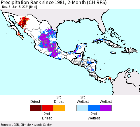 Mexico Central America and the Caribbean Precipitation Rank since 1981, 2-Month (CHIRPS) Thematic Map For 11/6/2023 - 1/5/2024