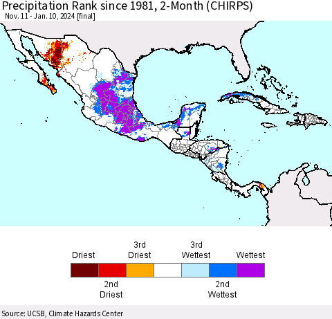 Mexico Central America and the Caribbean Precipitation Rank since 1981, 2-Month (CHIRPS) Thematic Map For 11/11/2023 - 1/10/2024
