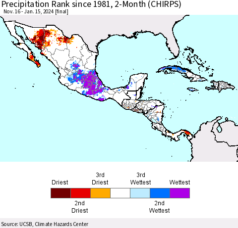 Mexico Central America and the Caribbean Precipitation Rank since 1981, 2-Month (CHIRPS) Thematic Map For 11/16/2023 - 1/15/2024