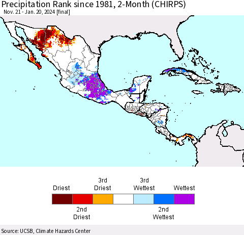 Mexico Central America and the Caribbean Precipitation Rank since 1981, 2-Month (CHIRPS) Thematic Map For 11/21/2023 - 1/20/2024