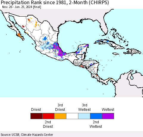 Mexico Central America and the Caribbean Precipitation Rank since 1981, 2-Month (CHIRPS) Thematic Map For 11/26/2023 - 1/25/2024