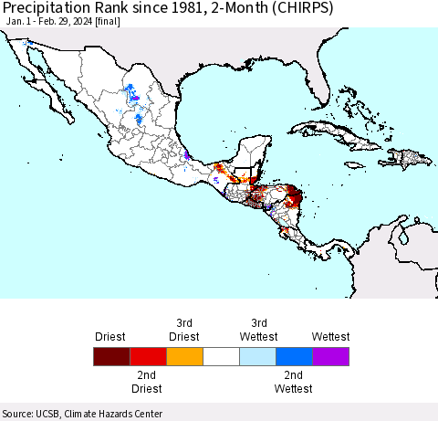 Mexico Central America and the Caribbean Precipitation Rank since 1981, 2-Month (CHIRPS) Thematic Map For 1/1/2024 - 2/29/2024