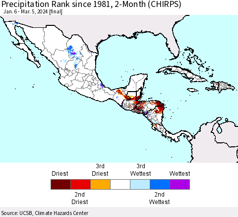 Mexico Central America and the Caribbean Precipitation Rank since 1981, 2-Month (CHIRPS) Thematic Map For 1/6/2024 - 3/5/2024