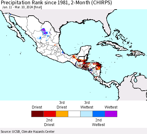 Mexico Central America and the Caribbean Precipitation Rank since 1981, 2-Month (CHIRPS) Thematic Map For 1/11/2024 - 3/10/2024