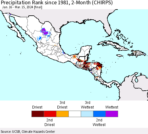 Mexico Central America and the Caribbean Precipitation Rank since 1981, 2-Month (CHIRPS) Thematic Map For 1/16/2024 - 3/15/2024