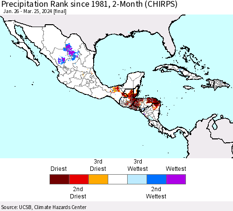 Mexico Central America and the Caribbean Precipitation Rank since 1981, 2-Month (CHIRPS) Thematic Map For 1/26/2024 - 3/25/2024