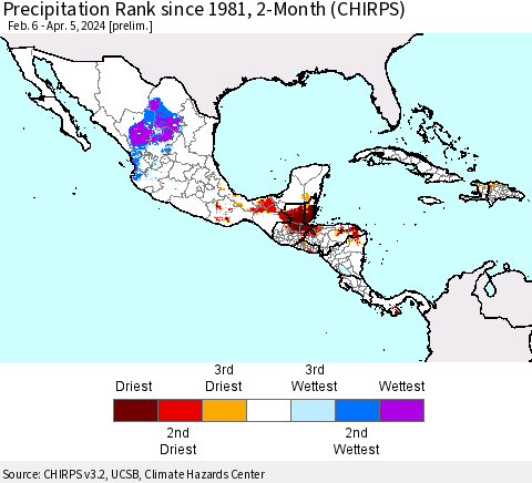 Mexico Central America and the Caribbean Precipitation Rank since 1981, 2-Month (CHIRPS) Thematic Map For 2/6/2024 - 4/5/2024