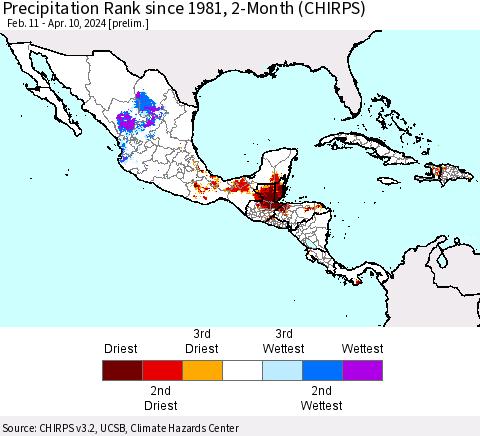 Mexico Central America and the Caribbean Precipitation Rank since 1981, 2-Month (CHIRPS) Thematic Map For 2/11/2024 - 4/10/2024