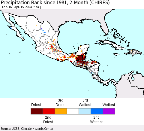 Mexico Central America and the Caribbean Precipitation Rank since 1981, 2-Month (CHIRPS) Thematic Map For 2/16/2024 - 4/15/2024