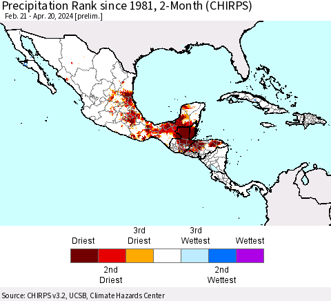 Mexico Central America and the Caribbean Precipitation Rank since 1981, 2-Month (CHIRPS) Thematic Map For 2/21/2024 - 4/20/2024