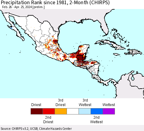 Mexico Central America and the Caribbean Precipitation Rank since 1981, 2-Month (CHIRPS) Thematic Map For 2/26/2024 - 4/25/2024