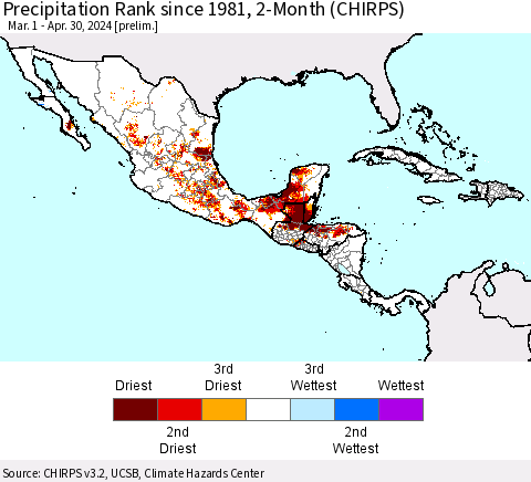 Mexico Central America and the Caribbean Precipitation Rank since 1981, 2-Month (CHIRPS) Thematic Map For 3/1/2024 - 4/30/2024