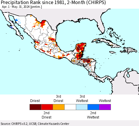 Mexico Central America and the Caribbean Precipitation Rank since 1981, 2-Month (CHIRPS) Thematic Map For 4/1/2024 - 5/31/2024