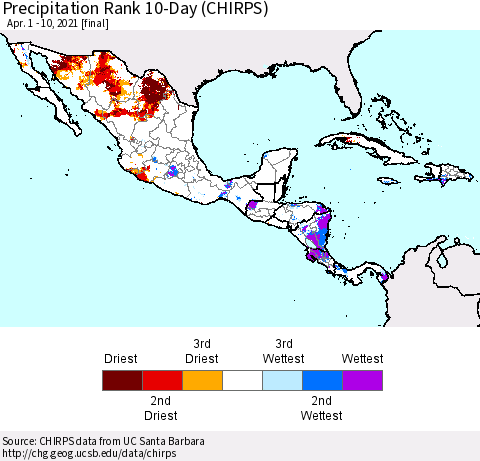 Mexico Central America and the Caribbean Precipitation Rank since 1981, 10-Day (CHIRPS) Thematic Map For 4/1/2021 - 4/10/2021