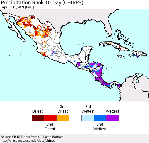 Mexico Central America and the Caribbean Precipitation Rank since 1981, 10-Day (CHIRPS) Thematic Map For 4/6/2021 - 4/15/2021