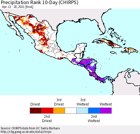Mexico Central America and the Caribbean Precipitation Rank since 1981, 10-Day (CHIRPS) Thematic Map For 4/11/2021 - 4/20/2021