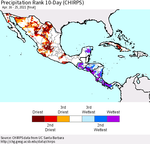 Mexico Central America and the Caribbean Precipitation Rank since 1981, 10-Day (CHIRPS) Thematic Map For 4/16/2021 - 4/25/2021