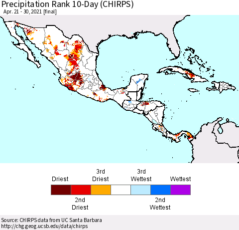 Mexico Central America and the Caribbean Precipitation Rank since 1981, 10-Day (CHIRPS) Thematic Map For 4/21/2021 - 4/30/2021