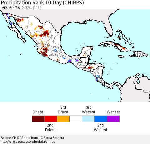 Mexico Central America and the Caribbean Precipitation Rank since 1981, 10-Day (CHIRPS) Thematic Map For 4/26/2021 - 5/5/2021
