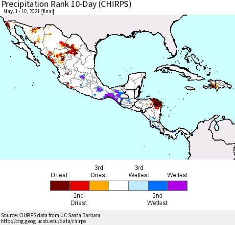 Mexico Central America and the Caribbean Precipitation Rank since 1981, 10-Day (CHIRPS) Thematic Map For 5/1/2021 - 5/10/2021