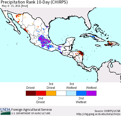 Mexico Central America and the Caribbean Precipitation Rank since 1981, 10-Day (CHIRPS) Thematic Map For 5/6/2021 - 5/15/2021