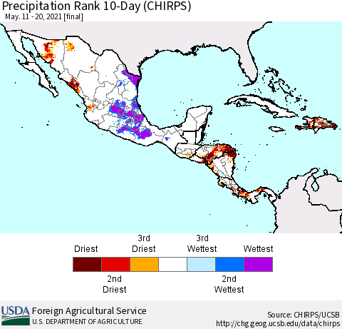 Mexico Central America and the Caribbean Precipitation Rank since 1981, 10-Day (CHIRPS) Thematic Map For 5/11/2021 - 5/20/2021
