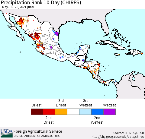 Mexico Central America and the Caribbean Precipitation Rank since 1981, 10-Day (CHIRPS) Thematic Map For 5/16/2021 - 5/25/2021