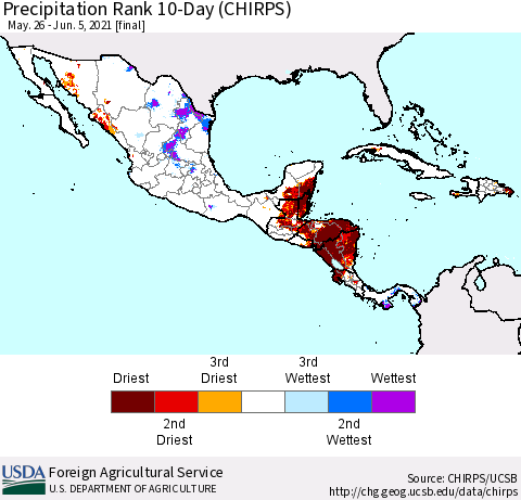 Mexico Central America and the Caribbean Precipitation Rank since 1981, 10-Day (CHIRPS) Thematic Map For 5/26/2021 - 6/5/2021