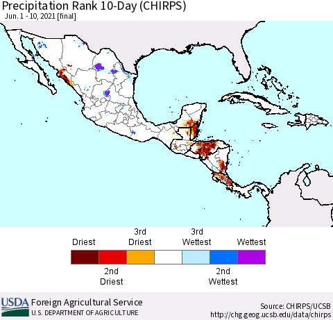 Mexico Central America and the Caribbean Precipitation Rank since 1981, 10-Day (CHIRPS) Thematic Map For 6/1/2021 - 6/10/2021