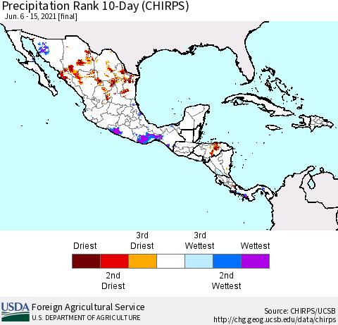 Mexico Central America and the Caribbean Precipitation Rank since 1981, 10-Day (CHIRPS) Thematic Map For 6/6/2021 - 6/15/2021