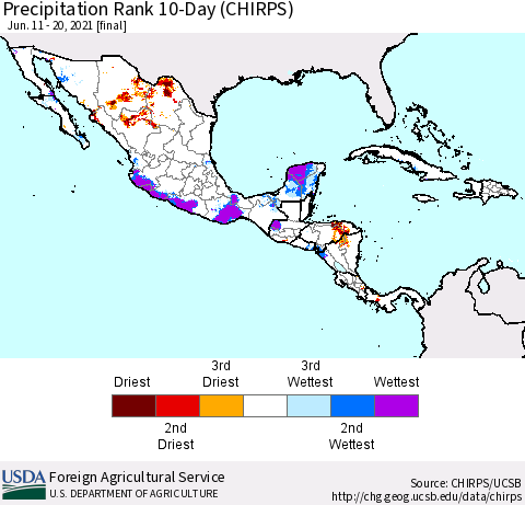 Mexico Central America and the Caribbean Precipitation Rank since 1981, 10-Day (CHIRPS) Thematic Map For 6/11/2021 - 6/20/2021