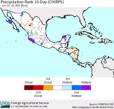 Mexico Central America and the Caribbean Precipitation Rank since 1981, 10-Day (CHIRPS) Thematic Map For 6/16/2021 - 6/25/2021