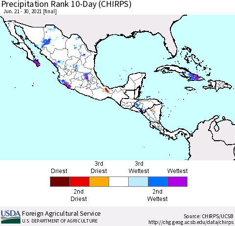 Mexico Central America and the Caribbean Precipitation Rank since 1981, 10-Day (CHIRPS) Thematic Map For 6/21/2021 - 6/30/2021