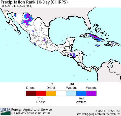 Mexico Central America and the Caribbean Precipitation Rank since 1981, 10-Day (CHIRPS) Thematic Map For 6/26/2021 - 7/5/2021