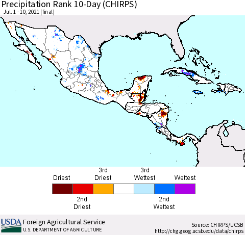 Mexico Central America and the Caribbean Precipitation Rank since 1981, 10-Day (CHIRPS) Thematic Map For 7/1/2021 - 7/10/2021